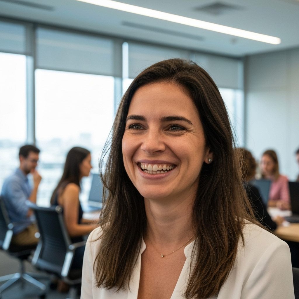 Camila Florentino, fundadora da Celebrar, sorrindo em evento corporativo.