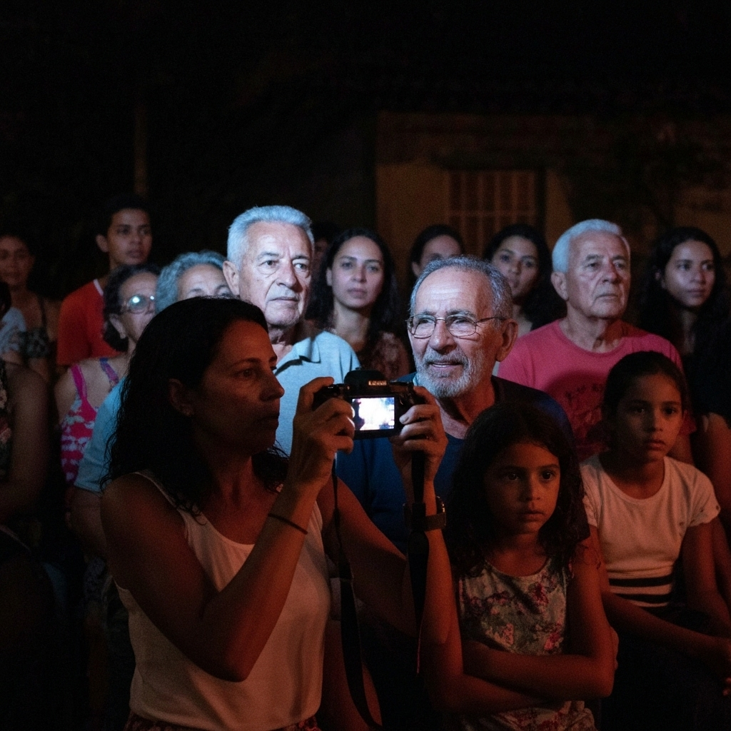 Telão de LED exibindo filme em espaço público no Cosme Velho.