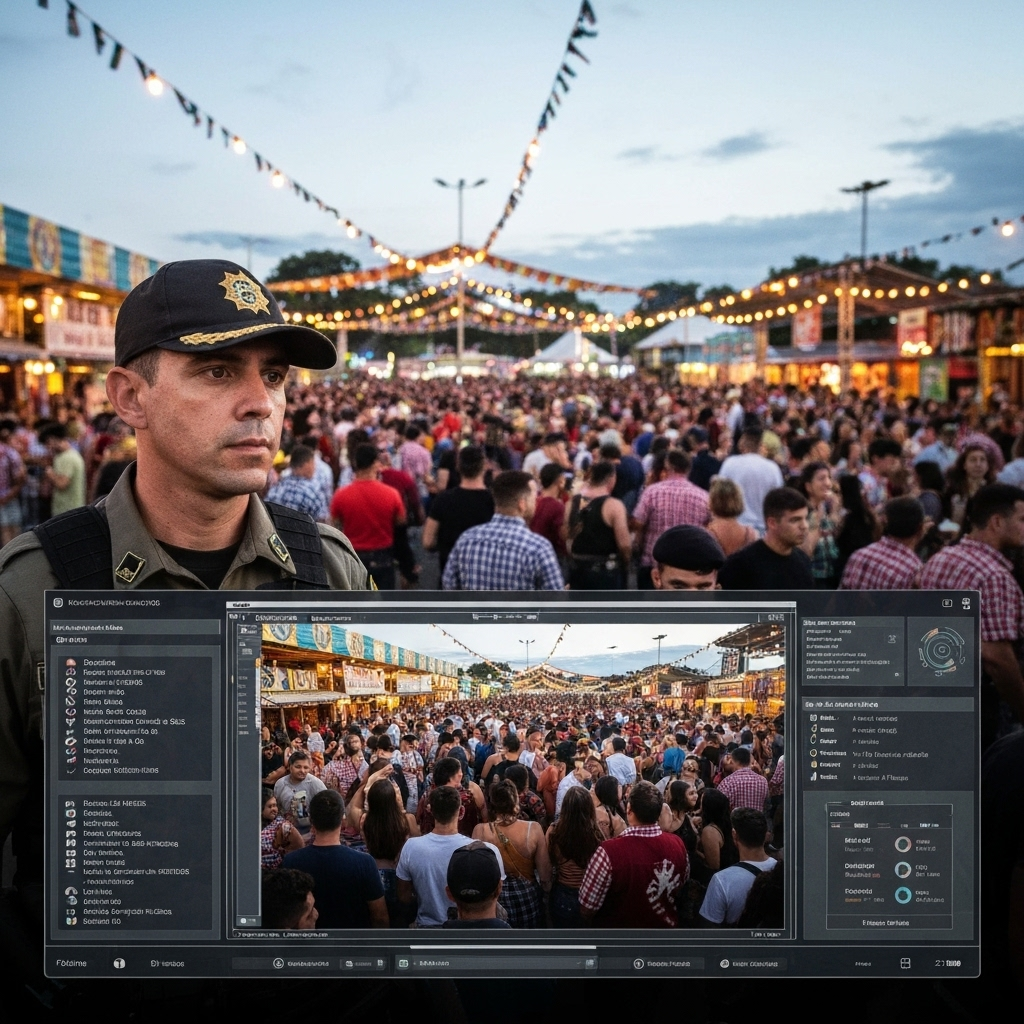 Multidão na Oktoberfest com câmeras de segurança em evidência.
