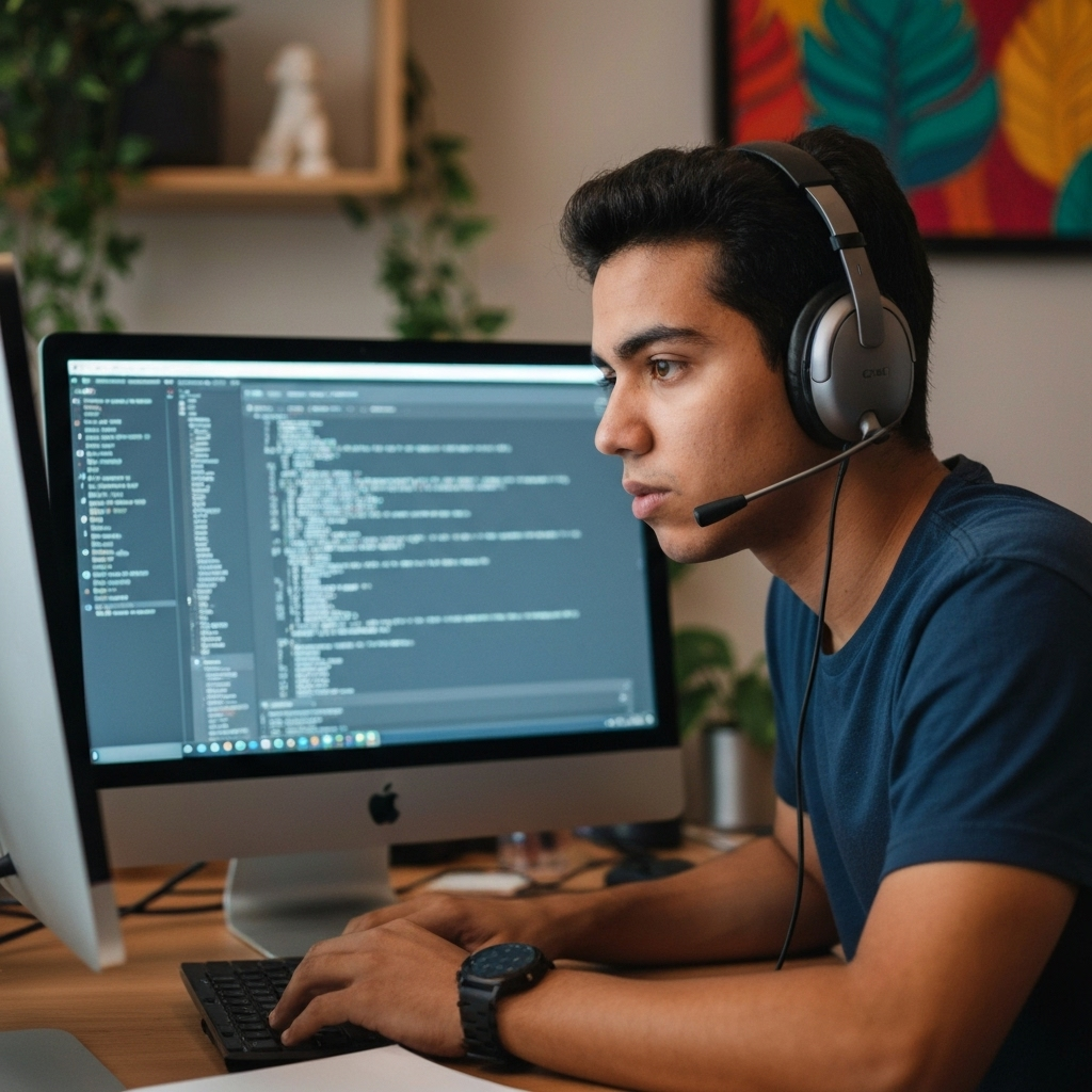 Jovem estudando inglês com auxílio de IA