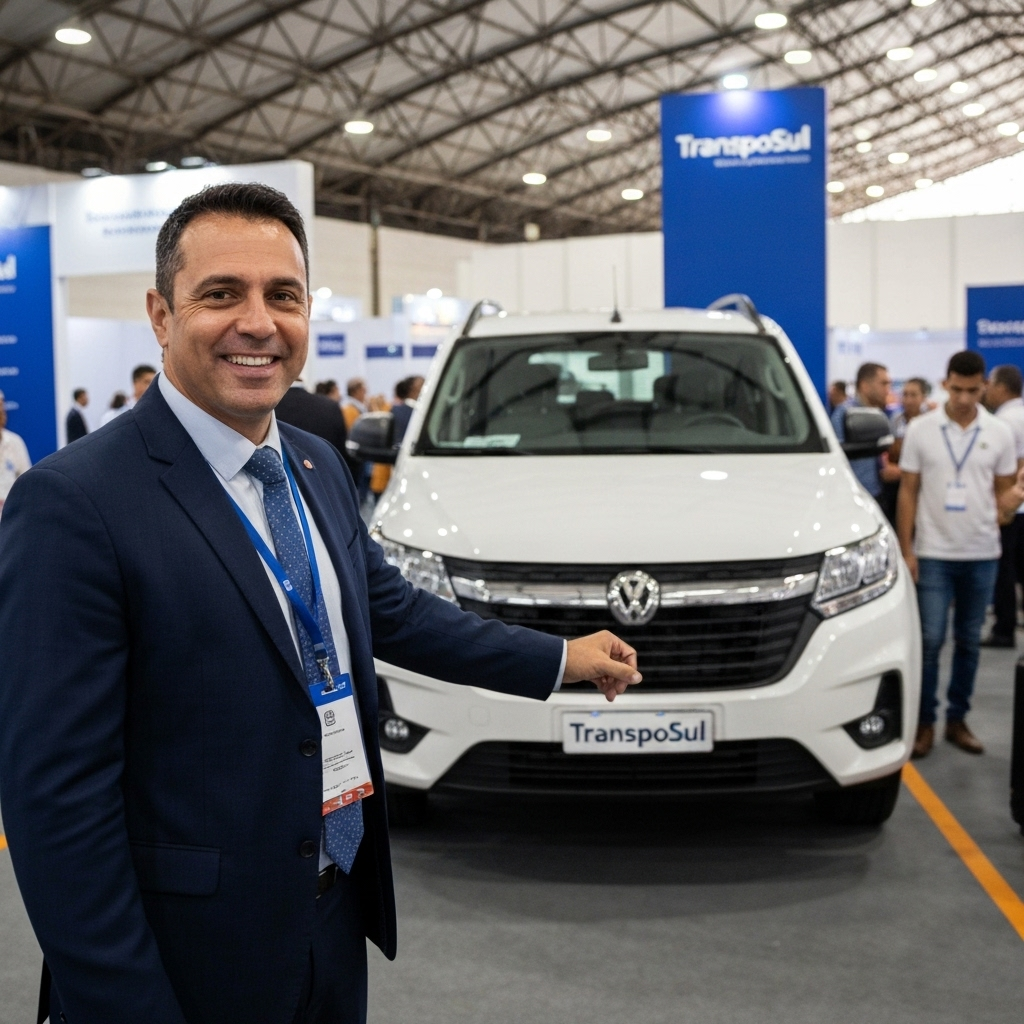 Caminhões em exposição na TranspoSul 2024.