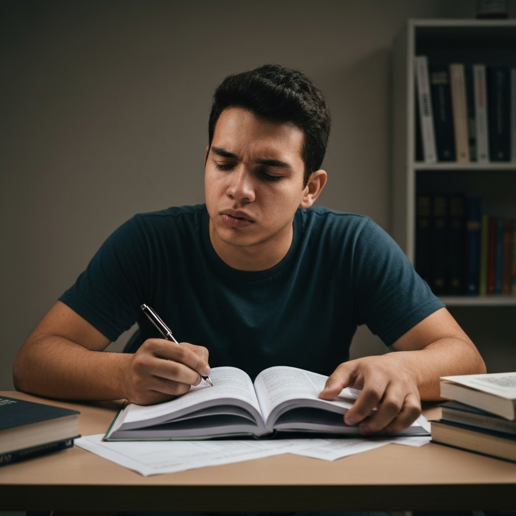 Estudante cansado debruçado sobre livros