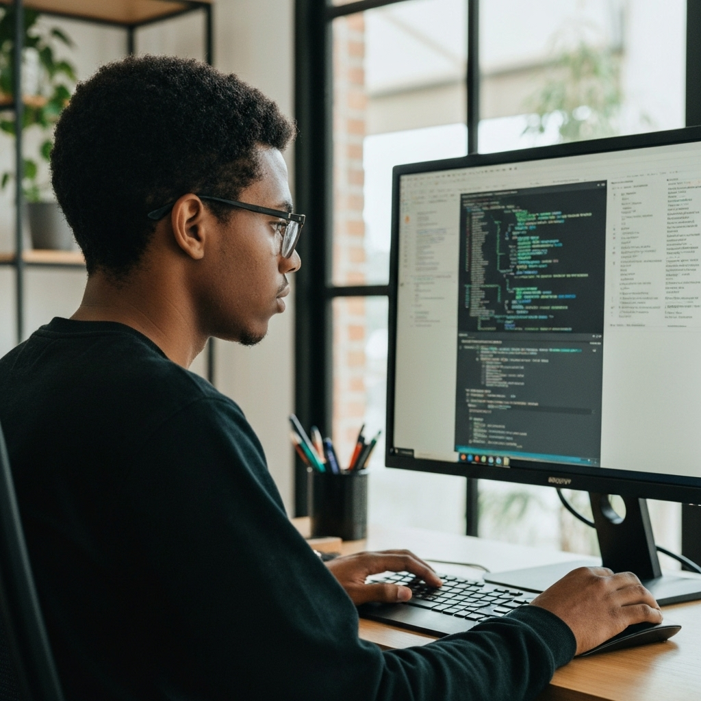 Profissional trabalhando em computador com tela exibindo código de IA