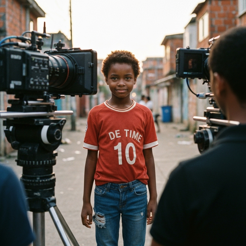 Criança atuando em set de filmagem.