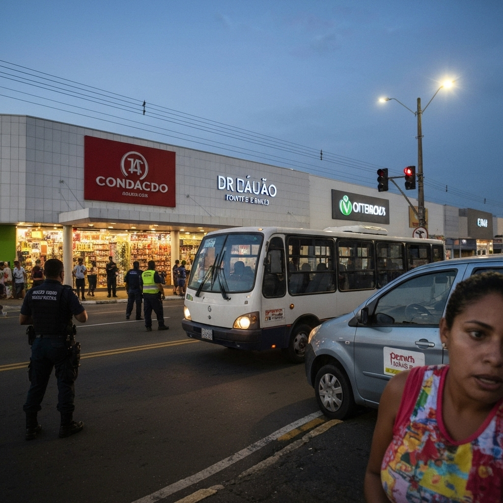 Fachada de shopping center com carros estacionados.