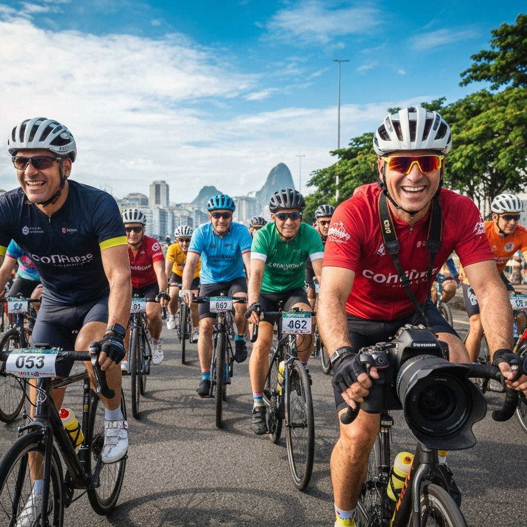 Ciclistas no Rio de Janeiro durante evento de ciclismo.