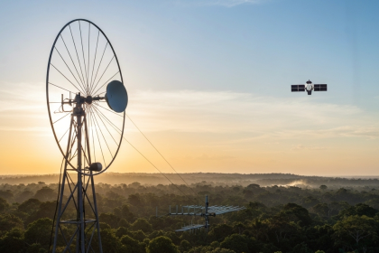 Antena parabólica apontada para o céu azul