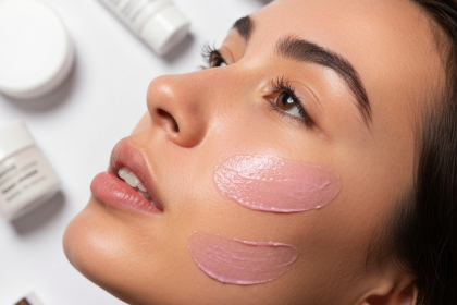 Mulher sorrindo após peeling coreano, com pele radiante.