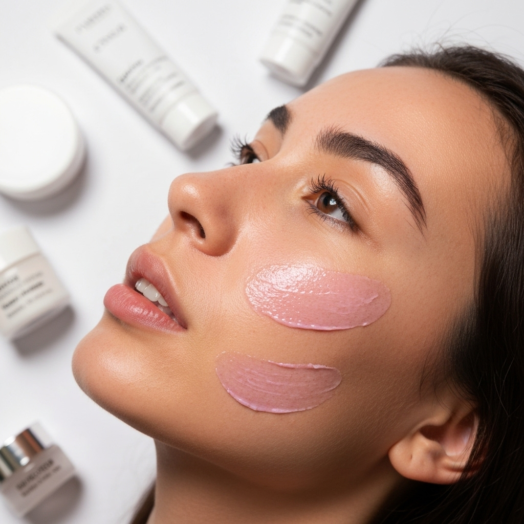 Mulher sorrindo após peeling coreano, com pele radiante.