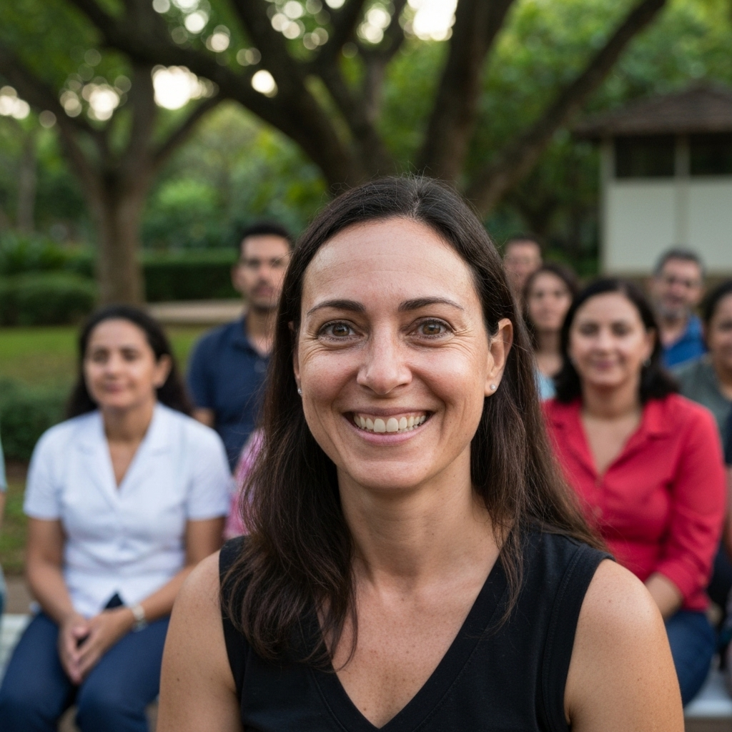 Jaqueline Chagas sorrindo, abraçando paciente oncológica.