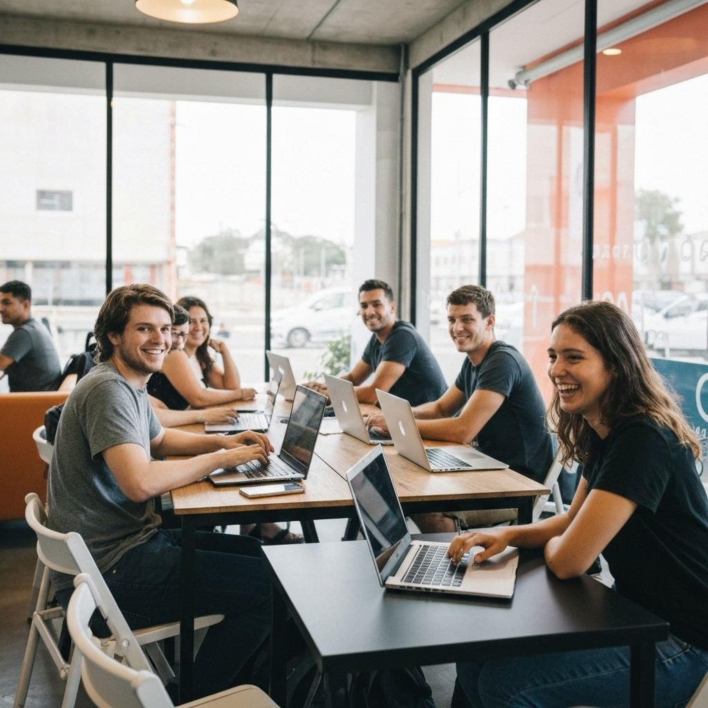 Jovens reunidos em ambiente de trabalho colaborativo na LWSA