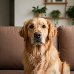 Cachorro com olhar pensativo, questionando a própria sanidade.