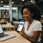 Empreendedora usando IA no celular para criar um negócio.