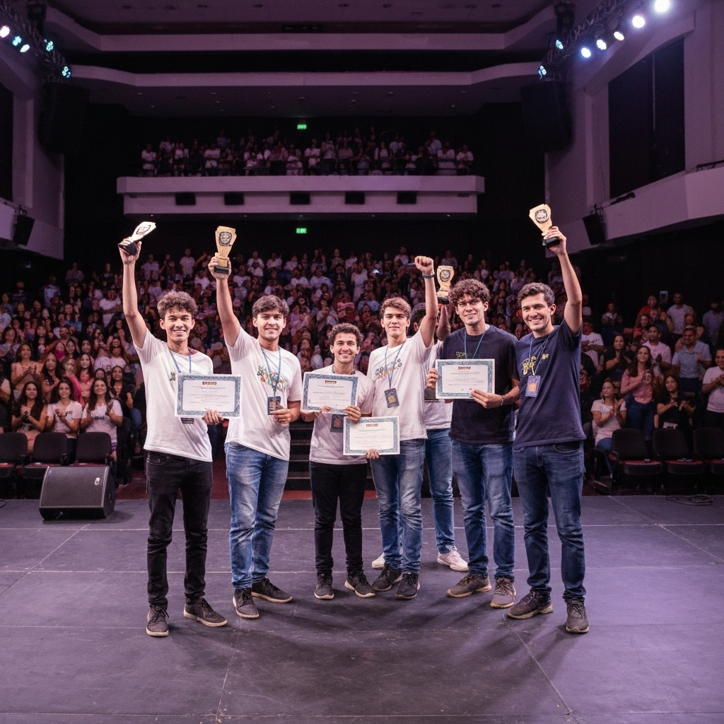 Escolas vencedoras do HackaNAV 2025 comemoram em São Paulo.