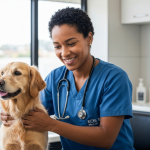 Mulher sorrindo enquanto abraça cachorro de porte médio em casa.