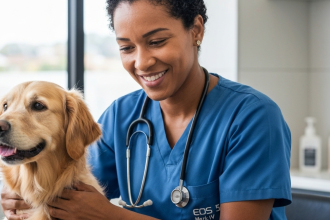 Mulher sorrindo enquanto abraça cachorro de porte médio em casa.