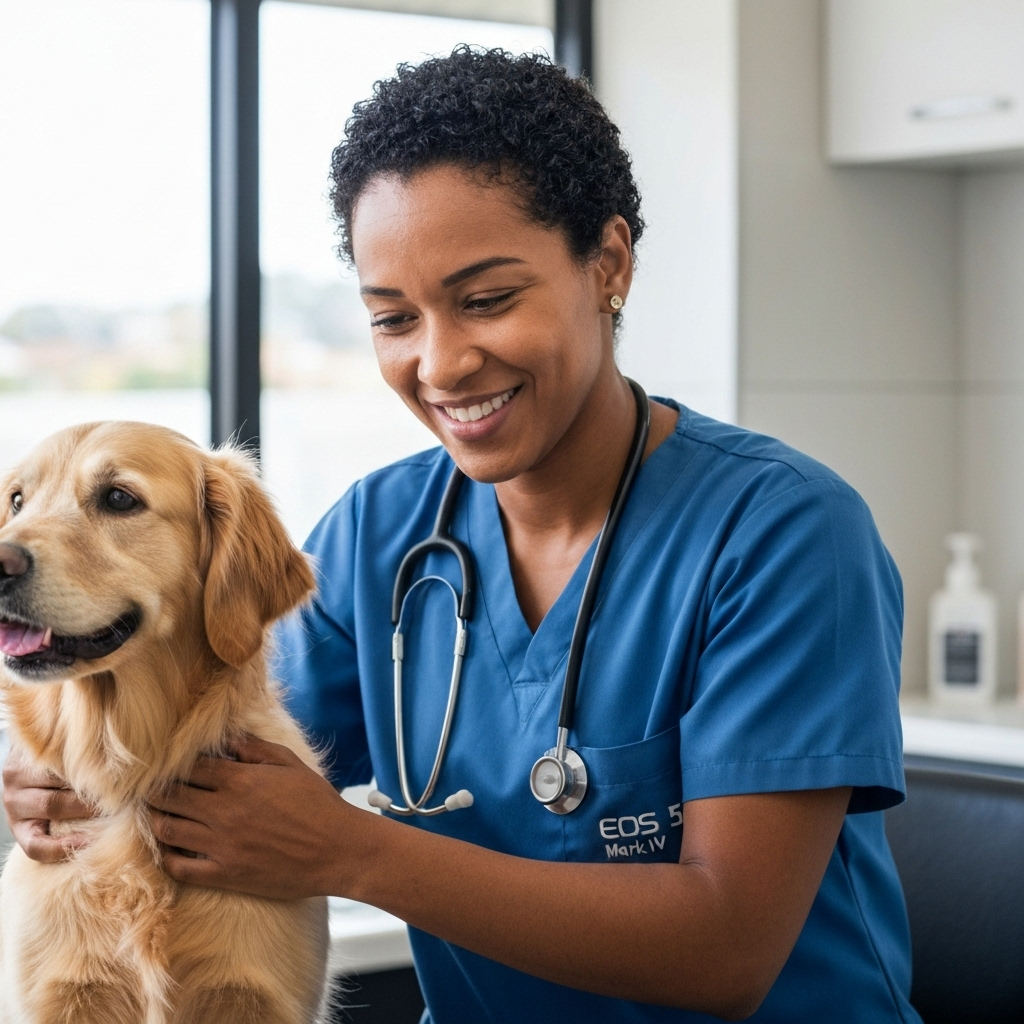Mulher sorrindo enquanto abraça cachorro de porte médio em casa.