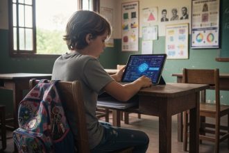 Crianças e adolescentes usando IA para estudar.