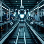 Robôs industriais trabalhando em linha de produção automatizada.