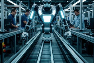Robôs industriais trabalhando em linha de produção automatizada.