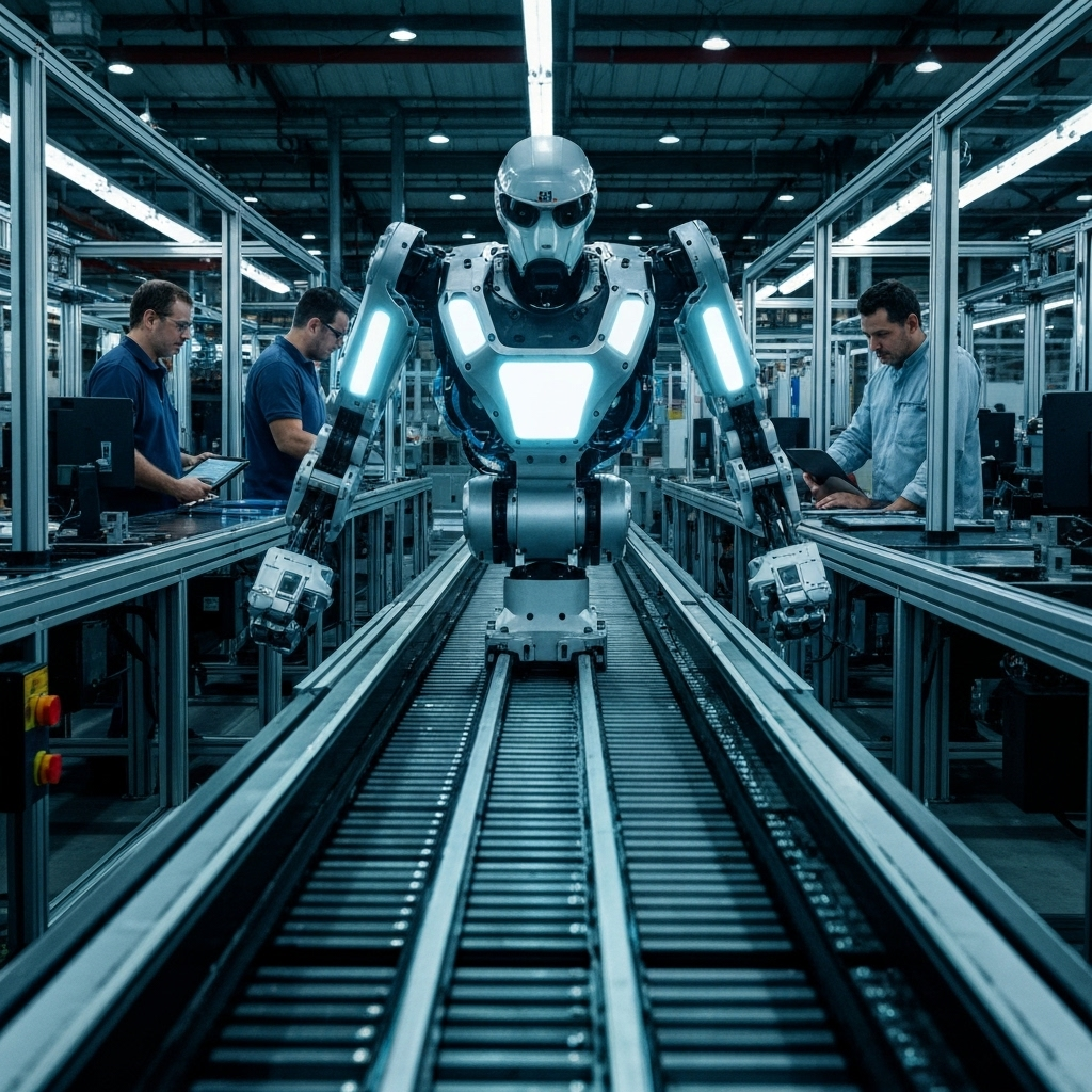 Robôs industriais trabalhando em linha de produção automatizada.