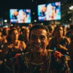 Público vibrante em evento brasileiro, contrastando com a frieza tecnológica de eventos internacionais.