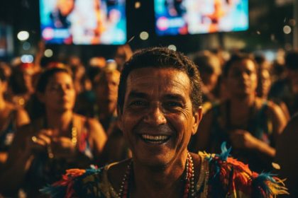 Público vibrante em evento brasileiro, contrastando com a frieza tecnológica de eventos internacionais.