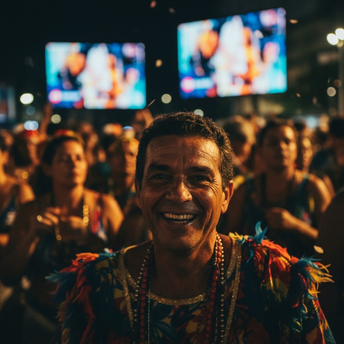 Público vibrante em evento brasileiro, contrastando com a frieza tecnológica de eventos internacionais.