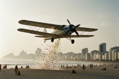 Avião lançando panfletos sobre a praia, representando publicidade antiga.