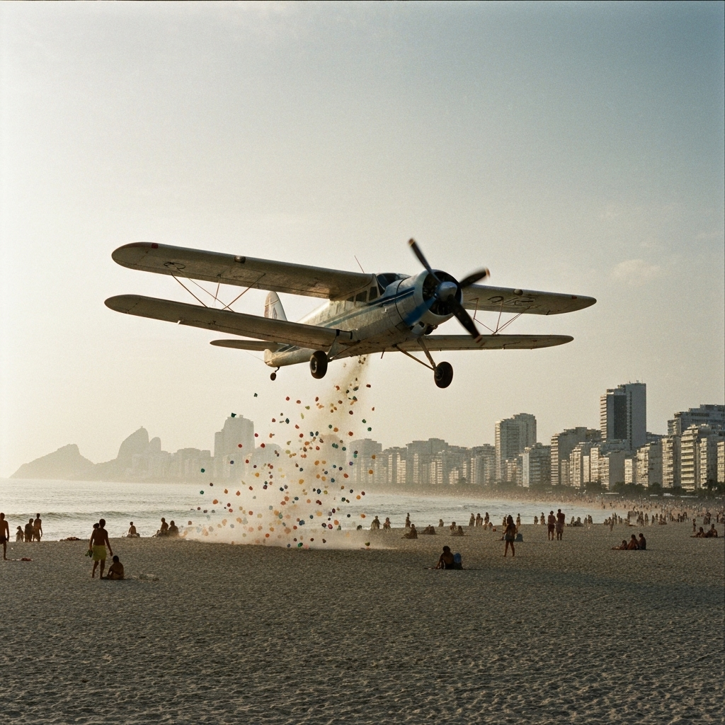 Avião lançando panfletos sobre a praia, representando publicidade antiga.