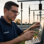 Robô industrial Siemens trabalhando em rede elétrica inteligente.