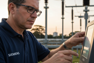 Robô industrial Siemens trabalhando em rede elétrica inteligente.