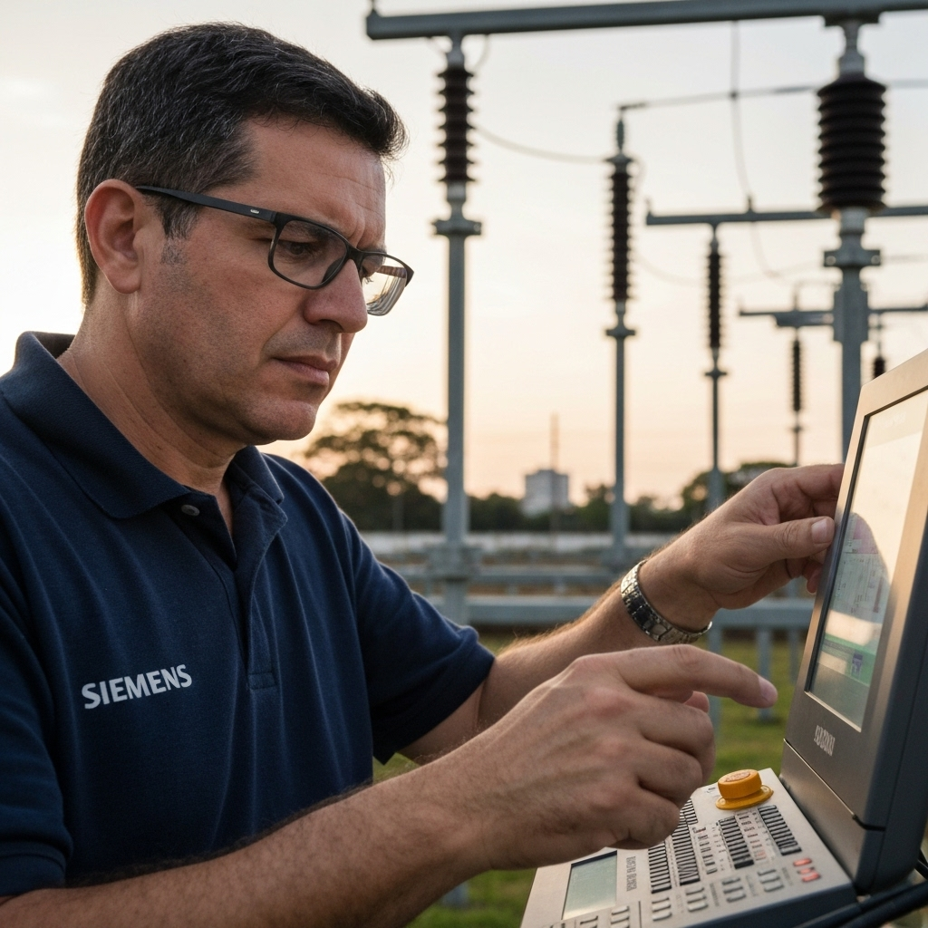 Robô industrial Siemens trabalhando em rede elétrica inteligente.