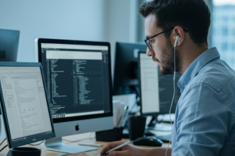 Mãos digitando em um laptop com foco na tela onde se vê uma lupa sobre palavras-chave.