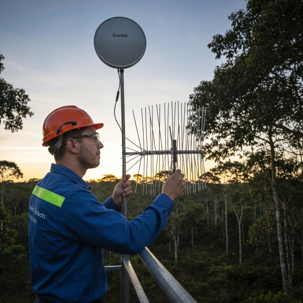Antena parabólica Starlink em campo aberto, conectada ao serviço da Deutsche Telekom.
