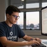 Mulher digitando em um laptop com foco na palavra-chave.