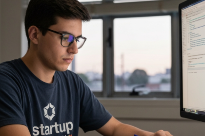 Mulher digitando em um laptop com foco na palavra-chave.