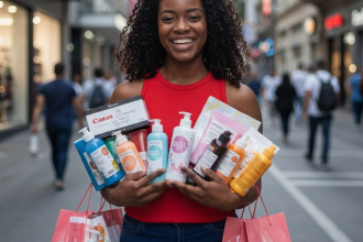 Influenciador digital promovendo ofertas da Black Friday.