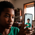 Mulher assistindo novela na TV com smartphone na mão.