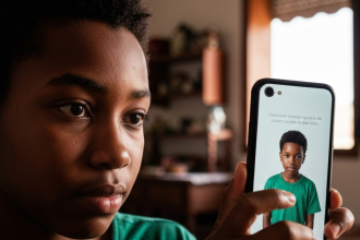 Mulher assistindo novela na TV com smartphone na mão.