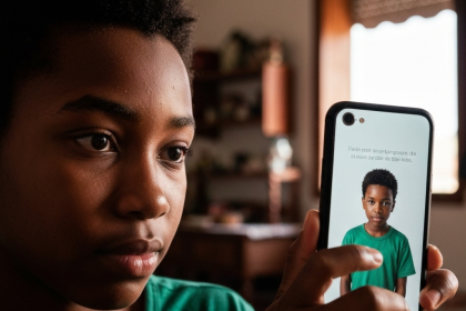 Mulher assistindo novela na TV com smartphone na mão.