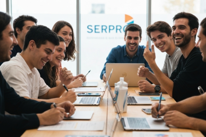 Jovens trabalhando em equipe durante o Ideathon Serpro em Aracaju.