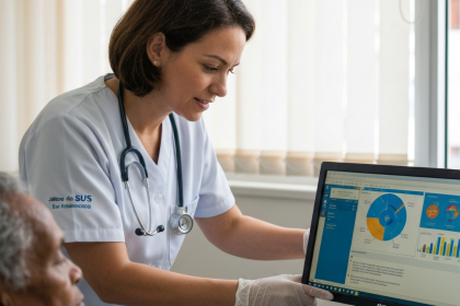 Médico analisando dados em tela com interface de IA