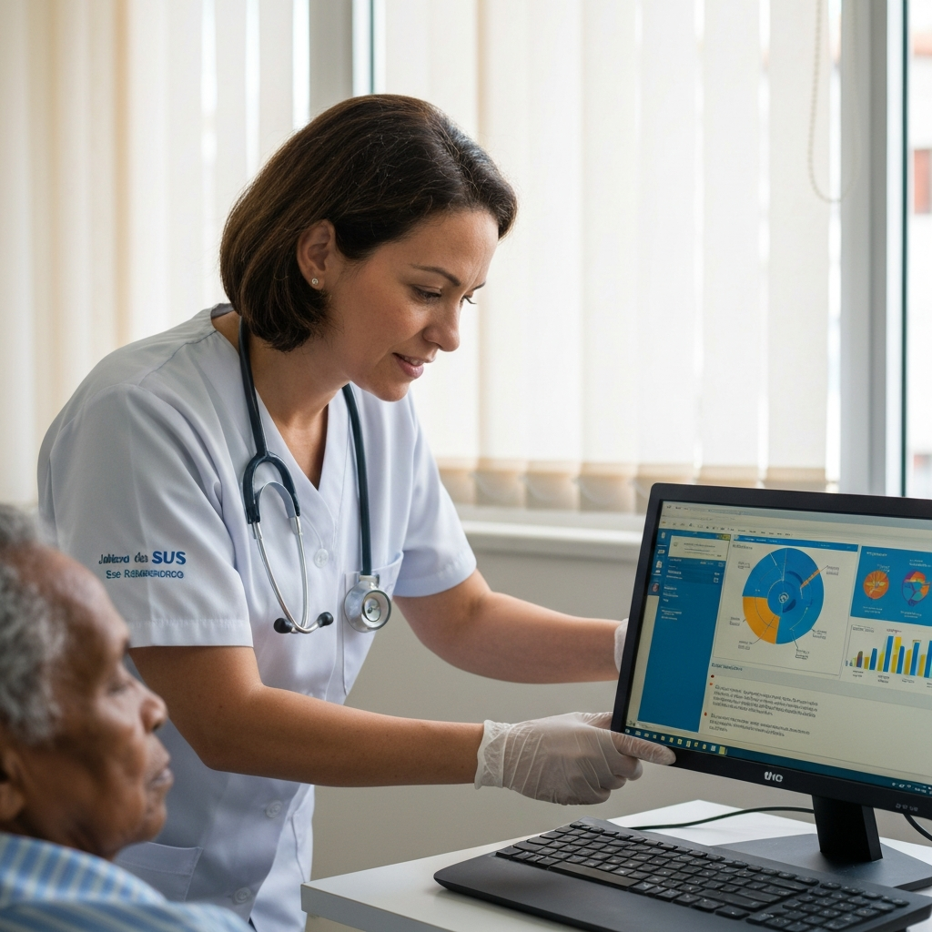 Médico analisando dados em tela com interface de IA
