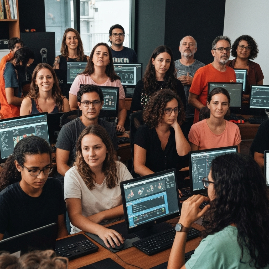 Jovens e idosos usando dispositivos inteligentes lado a lado, sorrindo.