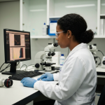 Pesquisador analisando dados de pesquisa clínica.