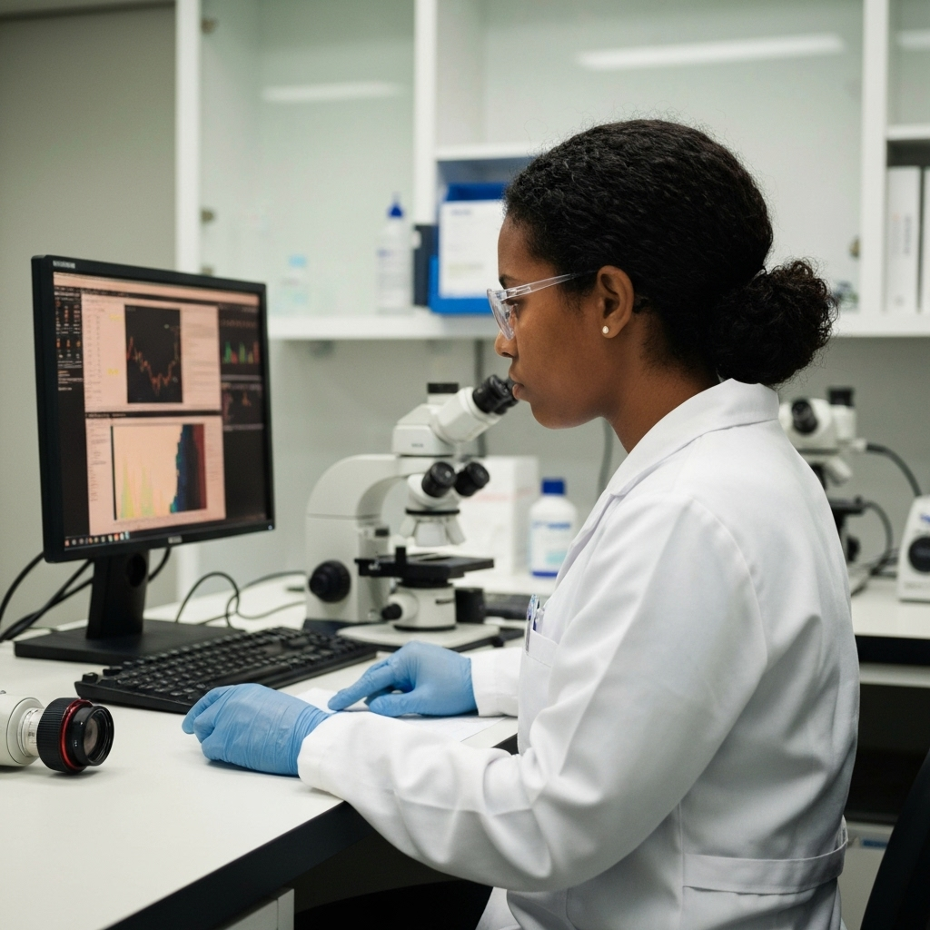 Pesquisador analisando dados de pesquisa clínica.