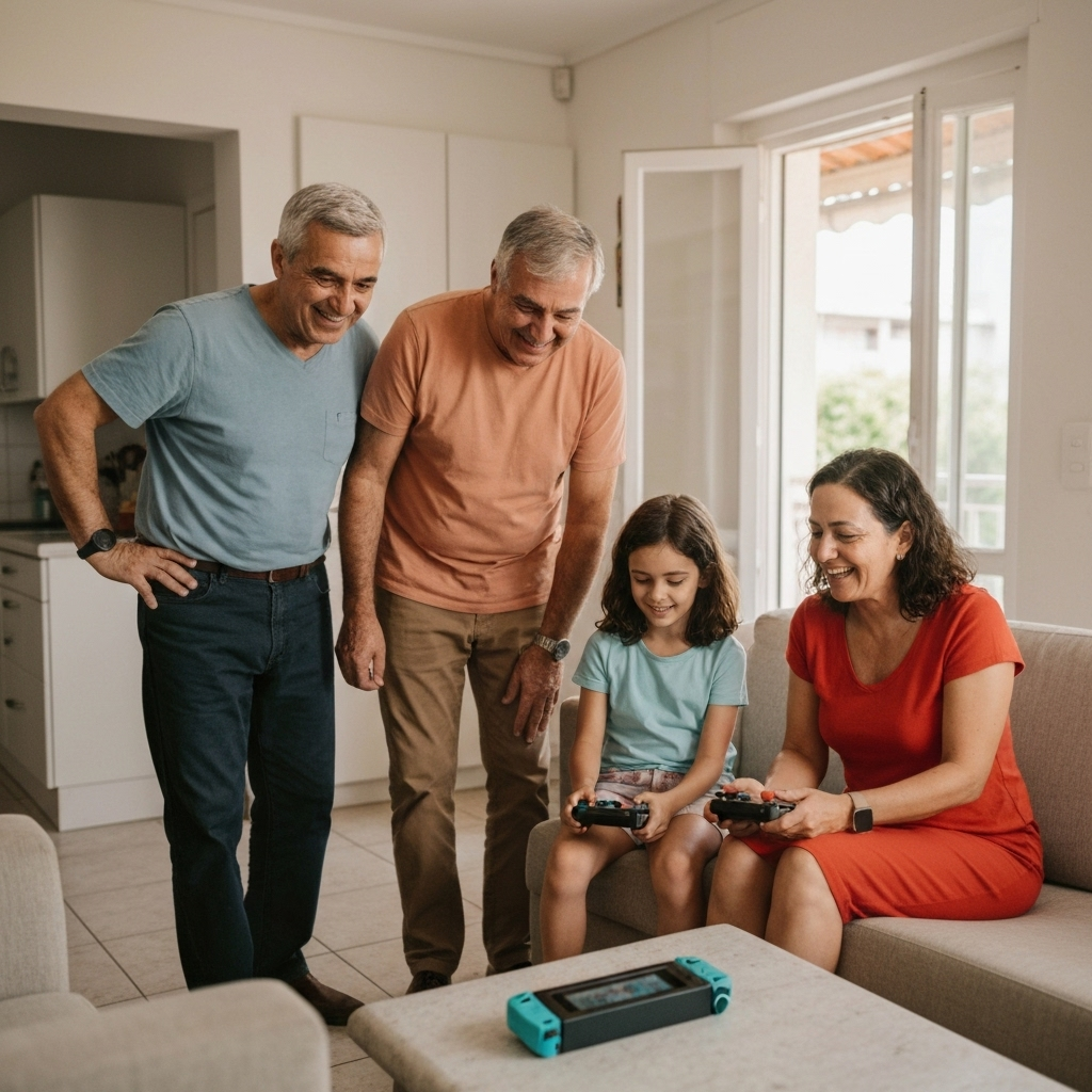 Família reunida jogando Nintendo Switch no sofá.