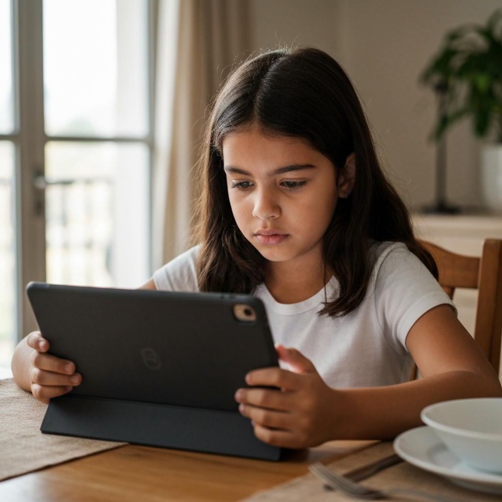Criança usando tablet com expressão preocupada, cercada por símbolos de cadeado e segurança.