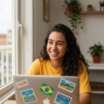 Jovem sorrindo com mala em aeroporto, representando intercâmbio Au Pair.